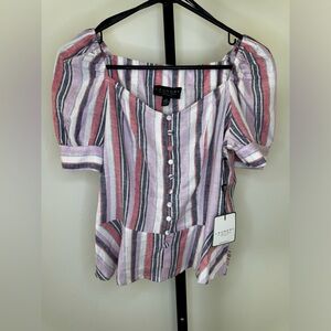 laundry by shelli segal Striped Short Sleeve top Button Down Puff Sleeve Size XS